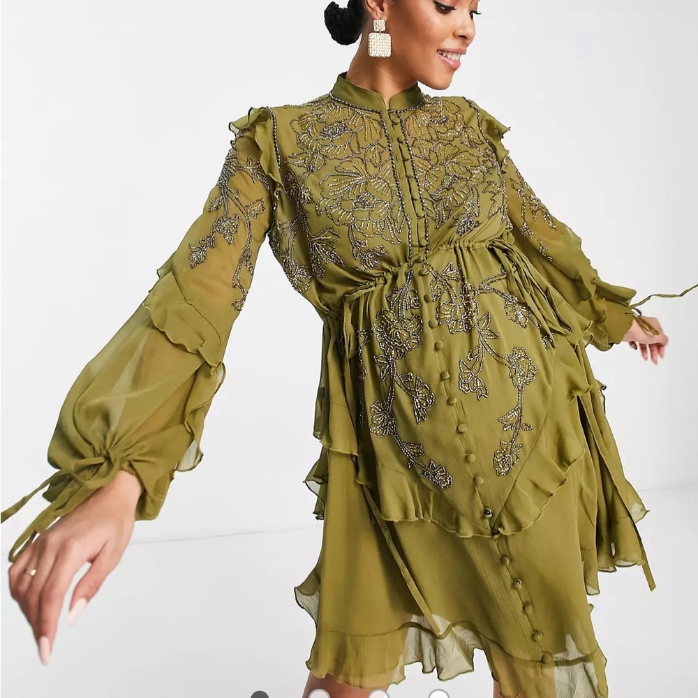ASOS Maternity embellished chiffon mini dress w stencil floral beading in olive